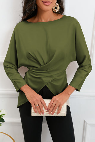 Boat Neck Back Tie Long Sleeve Satin Blouse Divacious