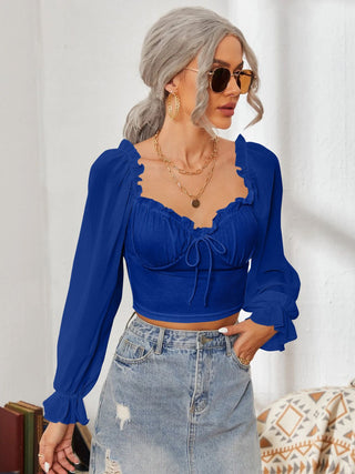 Mesh Sweetheart Neck Flounce Sleeve Top Divacious