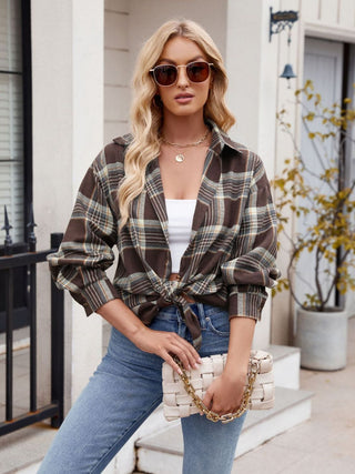 Pocketed Plaid Collared Neck Long Sleeve Shirt Divacious