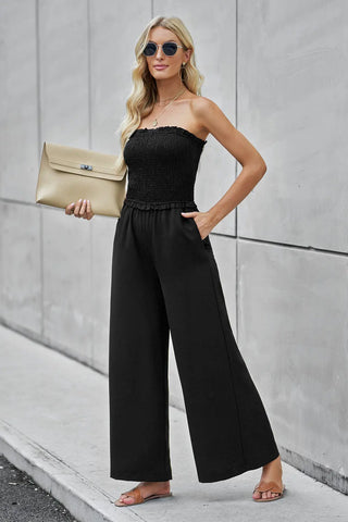 Straight Neck Smocked Jumpsuit Divacious