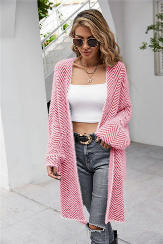 Herringbone Pattern Open Front Longline Fuzzy Cardigan Divacious