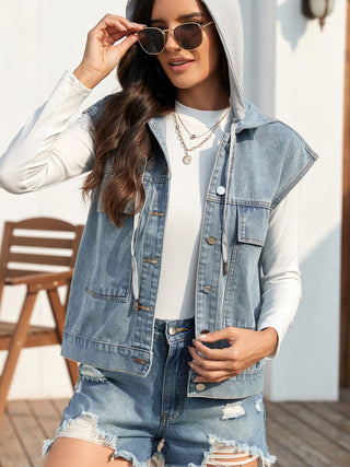 Drawstring Button Up Sleeveless Denim Jacket Trendsi