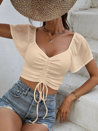 Drawstring Short Sleeve Crop Top Divacious