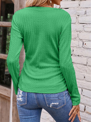 Textured Ruched V-Neck Long Sleeve T-Shirt Divacious