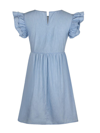 Full Size Ruffled Round Neck Cap Sleeve Denim Dress Divacious