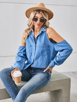 Cold Shoulder Pocketed Button Up Denim Jacket Divacious