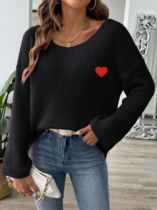 Heart Boat Neck Dropped Shoulder Sweater - Divacious