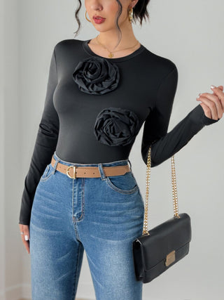 Flower Round Neck Long Sleeve Bodysuit - Divacious