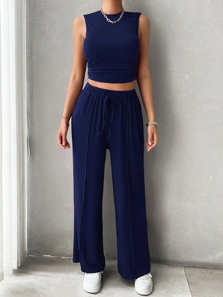 Devine Mock Neck Sleeveless Top and Drawstring Pants Set Trendsi