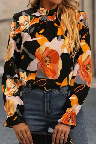 Floral Mock Neck Flounce Sleeve Blouse Divacious