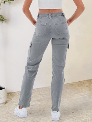 Buttoned Straight Jeans with Cargo Pockets Divacious