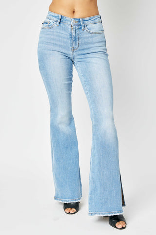 Full Size Mid Rise Raw Hem Slit Flare Jeans Divacious