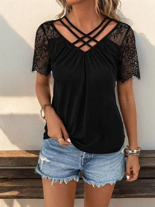 Lace Detail V-Neck Short Sleeve T-Shirt Divacious