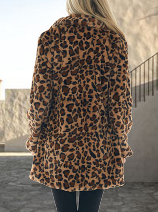 Leopard Collared Neck Coat with Pockets Divacious