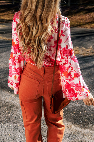 Floral Flare Sleeve Button Up V-Neck Bodysuit Divacious