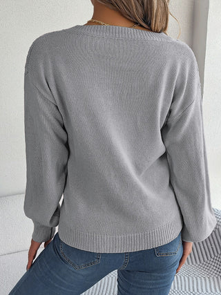 Cable-Knit V-Neck Lantern Sleeve Sweater Divacious