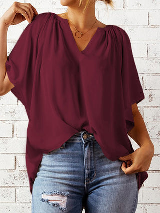 Ruched Notched Half Sleeve Blouse Divacious