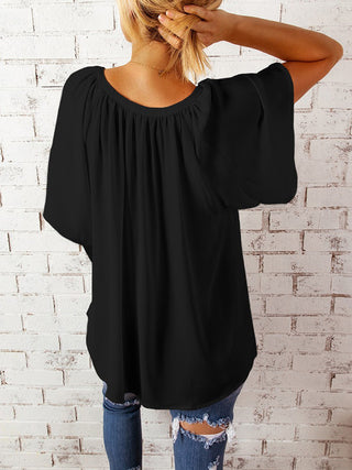 Ruched Notched Half Sleeve Blouse Divacious