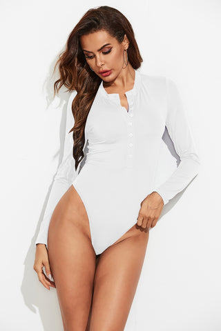 Half Button Round Neck Long Sleeve Bodysuit Divacious