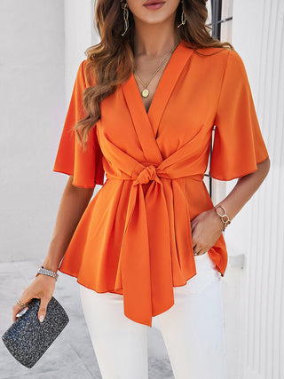 Surplice Tie Waist Half Sleeve Blouse Divacious