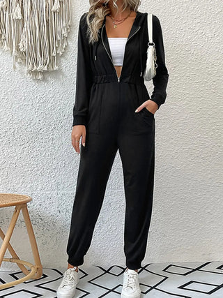 Zip Up Elastic Waist Hooded Jogger Jumpsuit Divacious