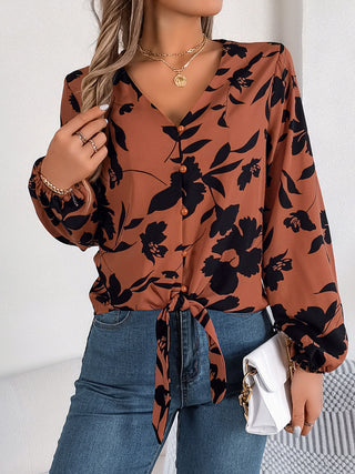 Printed V-Neck Long Sleeve Blouse Divacious