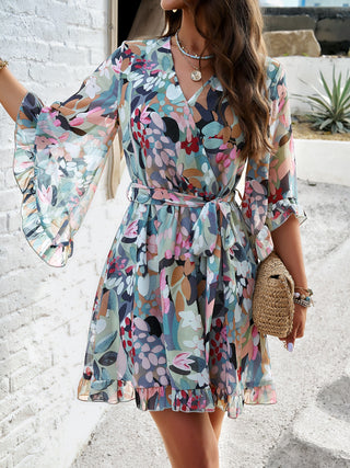 Devine Ruffled Printed Surplice Half Sleeve Mini Dress Trendsi