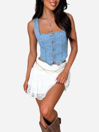 Smocked Square Neck Denim Top Divacious