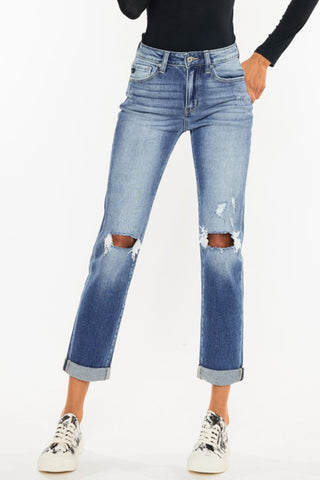 Kancan High Waist Distressed Hem Detail Cropped Straight Jeans Divacious