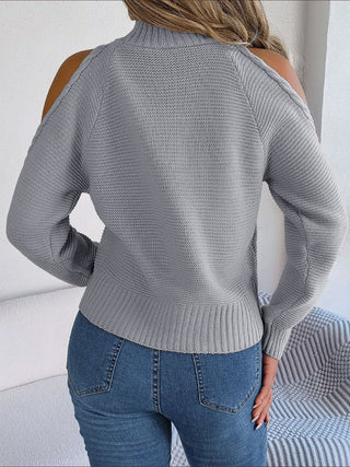 Cable-Knit Turtleneck Cold Shoulder Sweater Divacious