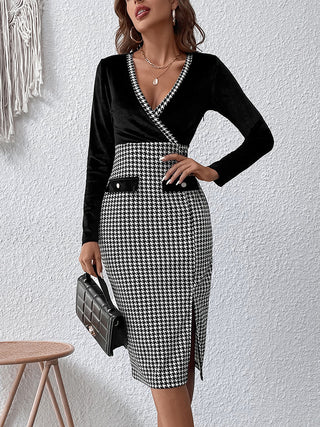 Honey Surplice Neck Houndstooth Dress Trendsi