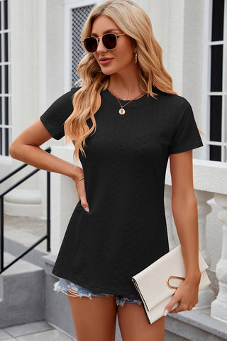 Eyelet Slit Round Neck Short Sleeve T-Shirt Divacious