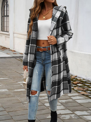 Plaid Long Sleeve Hooded Coat Divacious