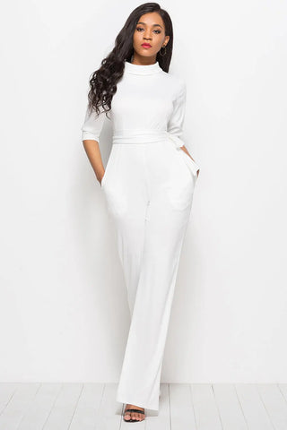 Mock Neck Tie-Waist Half Sleeve Jumpsuit Divacious