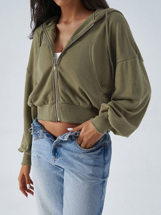 Drawstring Zip Up Long Sleeve Hoodie - Divacious