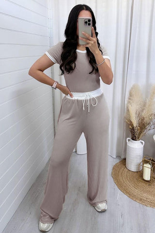 Contrast Trim Round Neck Top and Pants Set Trendsi