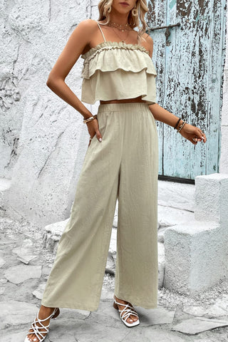 Honey Frill Trim Cami and Wide Leg Pants Set Trendsi