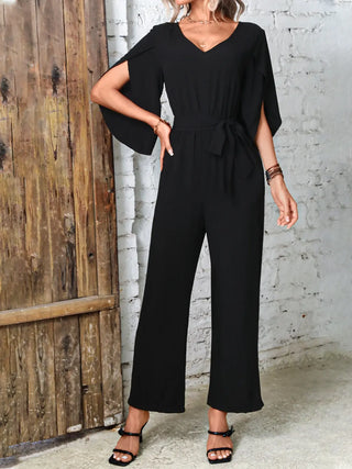 Tied V-Neck Half Sleeve Wide Leg Jumpsuit Divacious