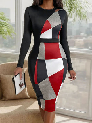 Perfee Cutout Color Block Round Neck Long Sleeve Dress Trendsi