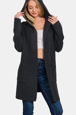 Hooded Open Front Sweater Cardigan Divacious