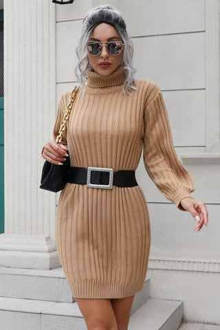 Ribbed Turtle Neck Long Sleeve Mini Sweater Dress Divacious