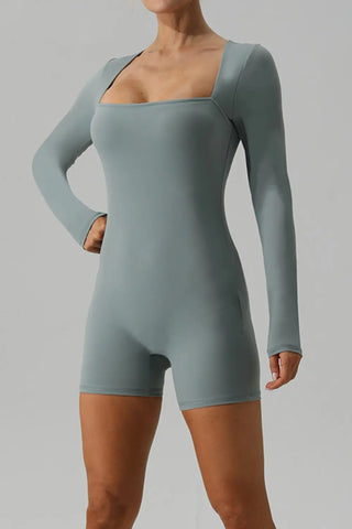 Square Neck Long Sleeve Active Romper Divacious