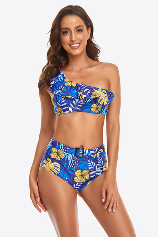 Ruffled One-Shoulder Buckled Bikini Set Divacious