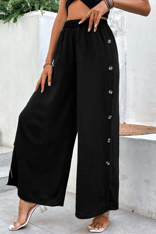 Button Detail Elastic Waist Wide Leg Pants Divacious