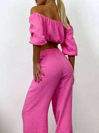 Off Shoulder Long Sleeve Top and Pants Set Trendsi