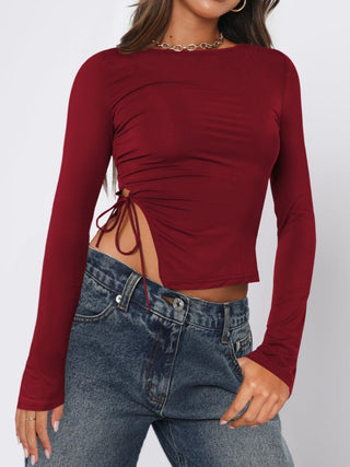 Tied Slit Round Neck Long Sleeve T-Shirt - Divacious