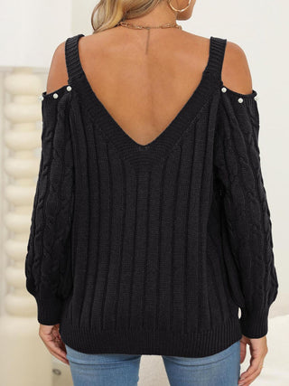 Cable-Knit Cold Shoulder Sweater - Divacious