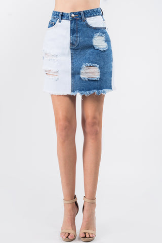 Contrast Patched Frayed Denim Distressed Skirts Divacious