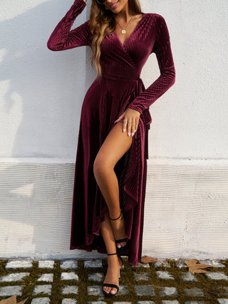 Devine Split Surplice Long Sleeve Midi Dress Trendsi