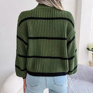 Striped Mock Neck Dropped Shoulder Sweater Divacious